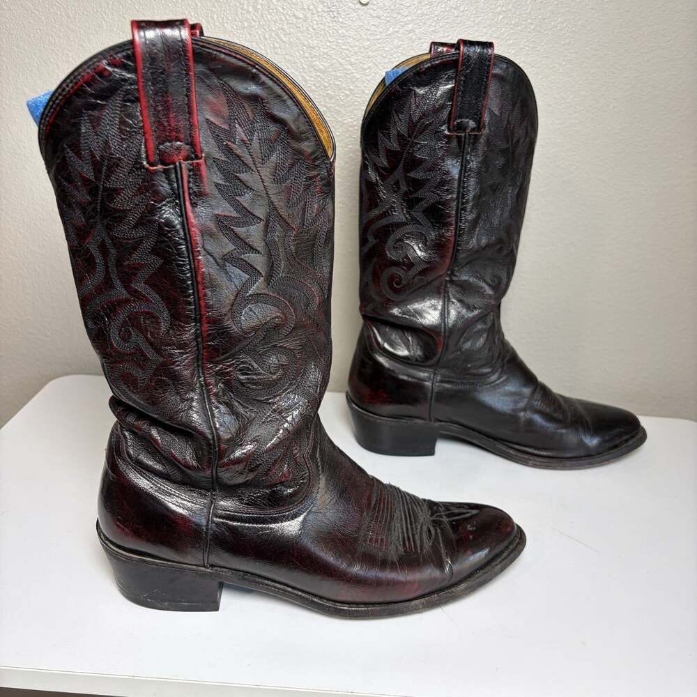 Vintage 80s Dan Post Mens 8 D Pieced Eel Skin Cowboy Boots Cherry 6959 Mexico